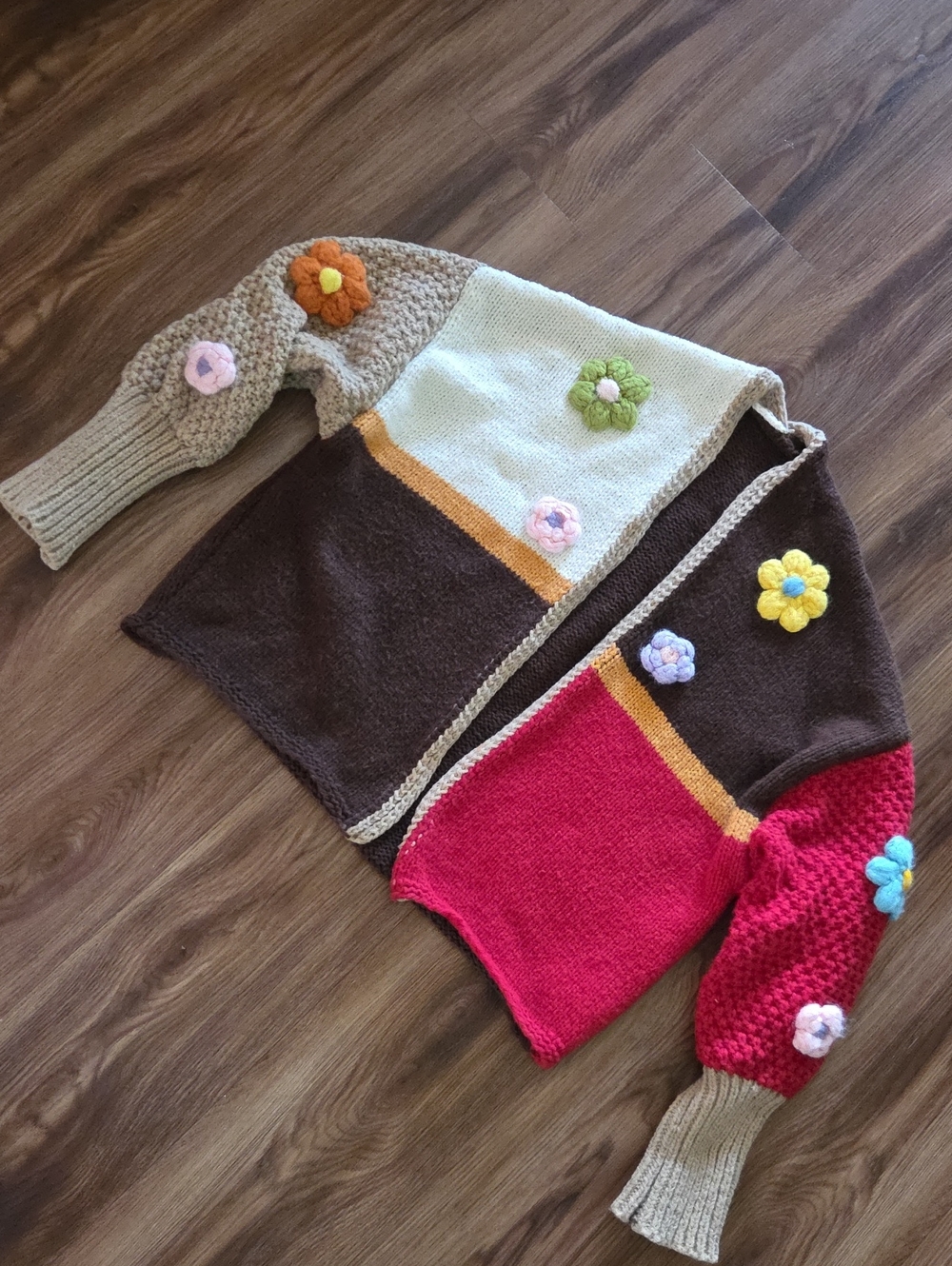 Cider Colorblock Sweater with Crochet Flower Accent Size XL